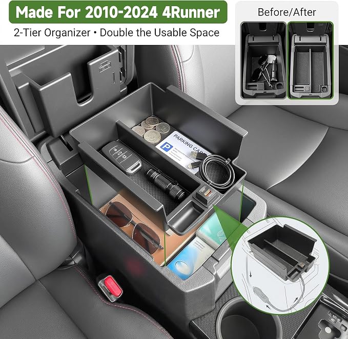 Center Console Organizer with Fast Charger for 2010-2024 Toyota 4Runner Insert Armrest Box Storage Tray W/USB Fast Charging for 10-24 4 Runner Interior Accessories