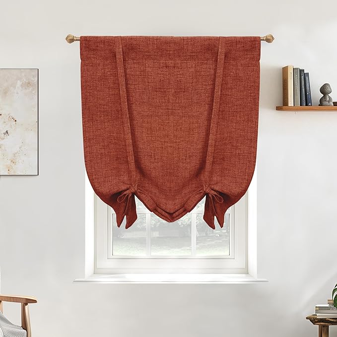 DriftAway Double Layer Linen Blackout Tie Up Curtains Thermal Insulated Fully Lined Balloon Roman Shade Bathroom Window Adjustable Rod Pocket for Small Window 25 Inch by 47 Inch Burnt Orange