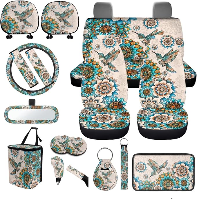 18 Pieces Car Seat Covers Full Sets Hummingbird Car Interior Accessories Sets with Mandala Lotus Car Seat Belt Pads Cover Anti Slip Steering Wheel Cover Auto Trash Can Car Headrest Covers