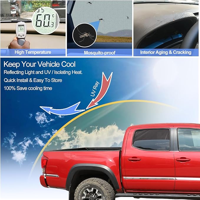 Rear Side Window Shades for Toyota Tacoma 2016-2022 Breathable Mesh Net Curtains Car Window Screen Cover UV Blocker Sun Protector Glare HeatShield Privacy Protector Window Sunshade for Camping