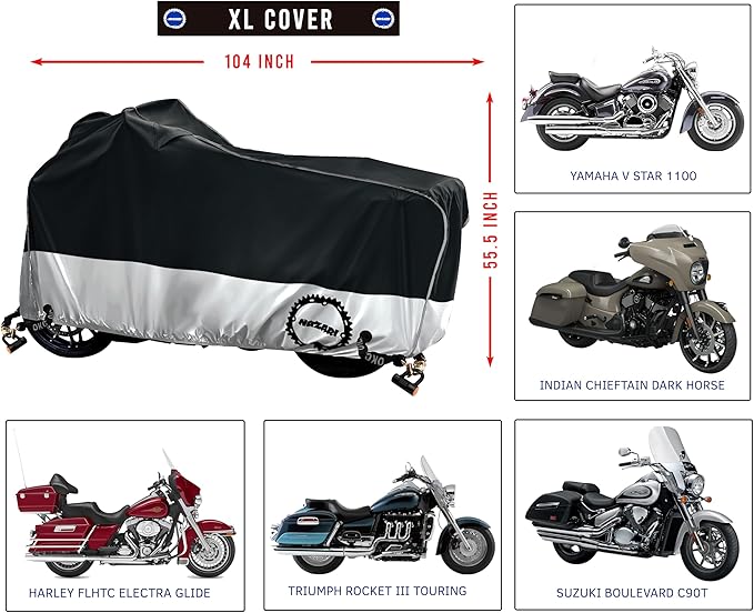 Heavy Duty Motorcycle Cover, Breathable, Reflective Strips, Elastic Bottom, Luggage Strap, Lockable Grom, Durable Sewn Cutouts, Outdoor, Waterproof (Black/Silver, Extra Large)