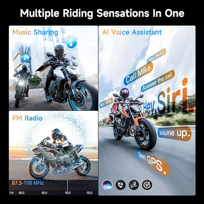 Motorcycle Intercom Headset, Moman H2E Eagle-Like Communication System with Dual Chips for Audio Multitasking HiFi Sound/Music Sharing/FM/AI Voice (2Pack), Motorcycle-Intercom-Helmet-Headset-Headphone