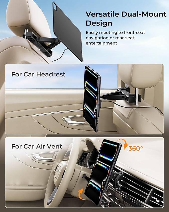 KU XIU Magnetic Wireless Charging Car Headrest Tablet Holder for iPad Pro 13'' M4/M5 Only, Tablet Car Back Seat Mount for Kids, Road Trip Essentials Trave Holder with Air Vent Stand, 2M USB-C Cable