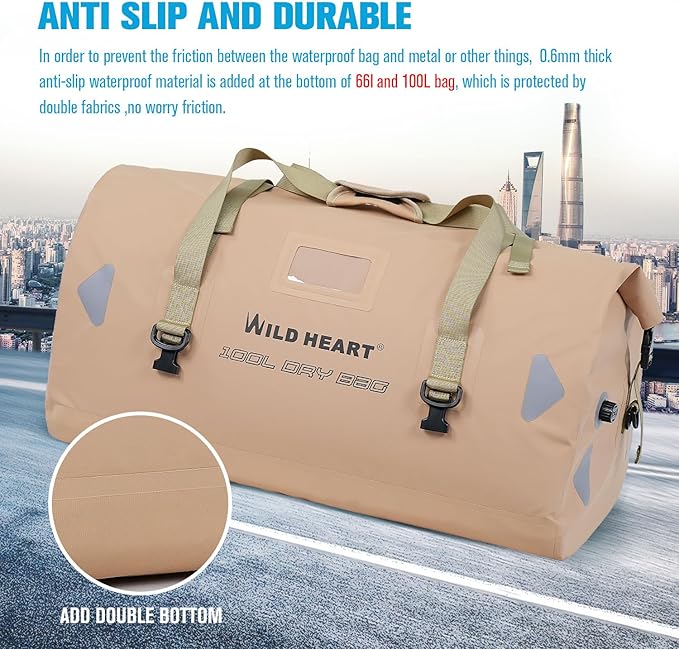 WILD HEART Waterproof Motorcycle Duffel Bag PVC500D Double-bottom With Rope Straps and Inner Pocket 40L 66L 100L for Kayaking, Camping, Boating,Motorcycle