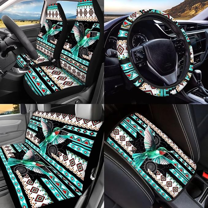BIGCARJOB Art Hummingbird Seat Cover for Cars Front and Rear Car Seat Accessories Full Set 15 Pack Native Hummingbird Handbrake Cover,Headrest Pillow Cover,Seat Belt Pads,Universal Fit