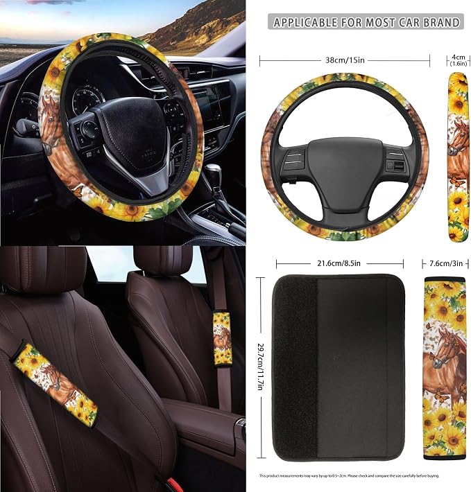 Horse Sunflower Butterfly Print 15 PCS Car Front Back Seat Covers Full Set, Steering Wheel Cover Trash Bag Seatbelt Strap Pad Air Vent Storage Bag Rearview Mirror Cover Coasters Key Chain