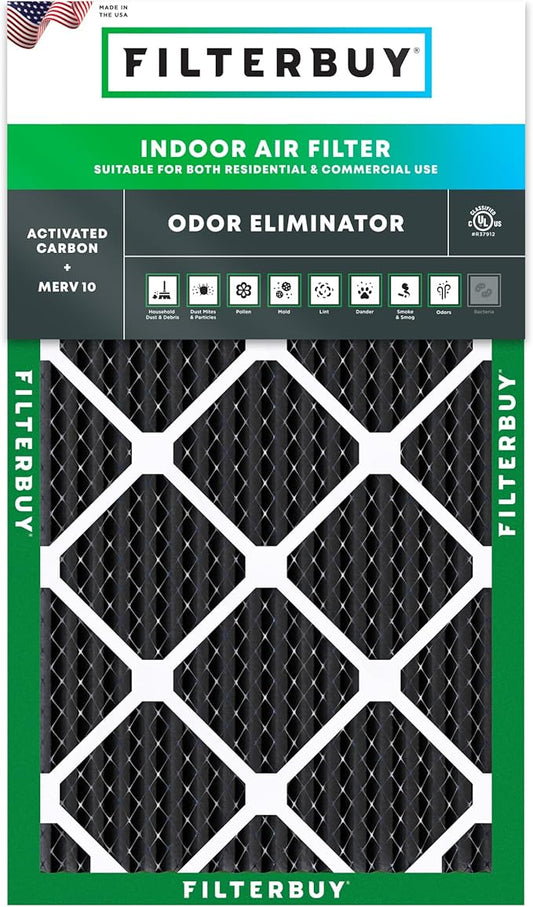 Filterbuy 17x25x1 Air Filter MERV 10 Odor & Allergy Defense with Activated Carbon (1-Pack), Electrostatic Pleated HVAC AC Furnace Filters Replacement (Actual Size: 16.50 x 24.50 x 0.75)