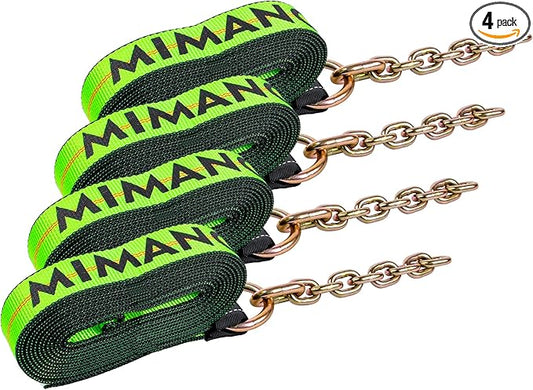 2" x 16' Tie Down Strap with Chain Extension Ends,4pack,Car Trailer Tie Down Straps,Replacement Strap for 8 Point Roll Back Vehicle Tie Down Kit,Tow Truck Accessories