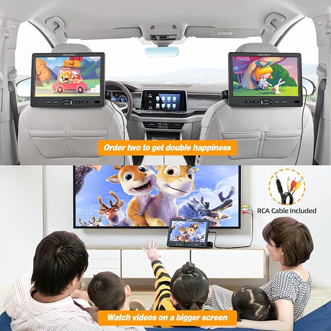 DESOBRY 10.5" Car DVD Player with Headrest Mount, Portable DVD Player for Car with Headphone, Suction-Type Disc in,Support 1080P Video,HDMI Input,USB/SD Card Reader,AV in/Out,Last Memory&Region Free