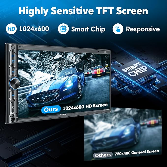 Upgrade Wireless Double Din Car Stereo with Carplay, Android Auto, Bluetooth, 4-Channel RCA, High Power, 2 Subwoofer Ports, 7" HD Capacitive Touchscreen Car Radio, Backup Camera, Audio Receiver