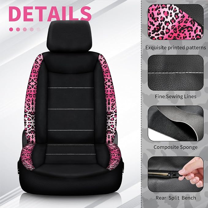 23 Pcs Car Seat Cover Full Set for Women,Universal Car Seat Cover, Print Printing Car Steering Wheel Cover Center Console Armrest,Sunglass Holder Accessories Full SUV (Pink Leopard Print)