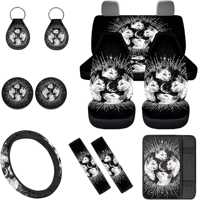 Gothic Cat Car Seat Covers Full Set 12 Pack with Steering Wheel Cover Center Console Cover Keychain Holder and Car Seat Belt Cover Universal Fit Most Vehicles Cars SUV