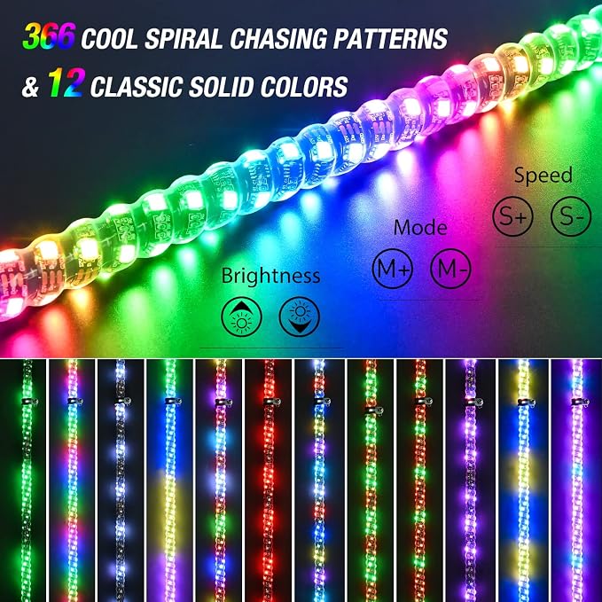 Nilight 2PCS 4FT Spiral RGB Led Whip Light w/RGB Chasing Light RF Remote Control Lighted Antenna for Can-am ATV UTV RZR Polaris Dune Buggy 4 Wheeler Offroad Jeep Truck