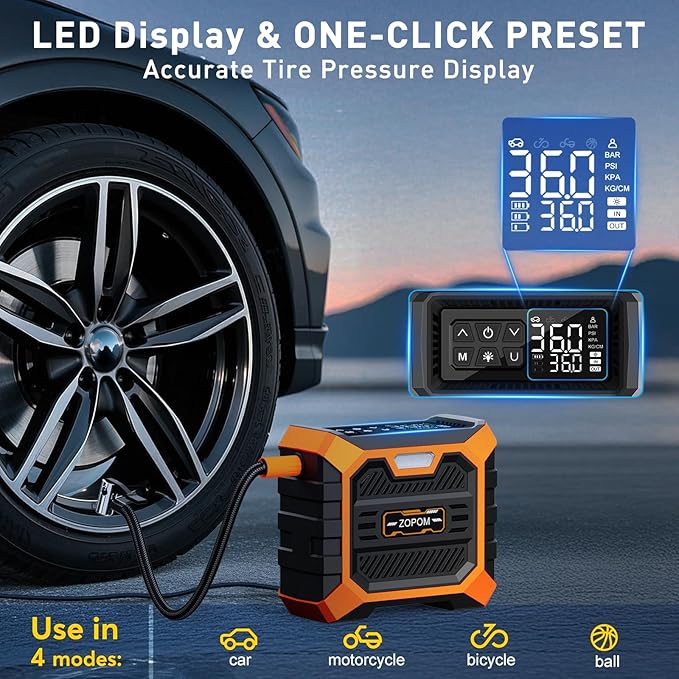 ZOPOM Tire Inflator Portable Air Compressor DC 12V Air Compressor (Orange)