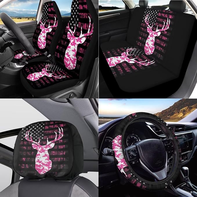 KEIAHUAN Camo Deer Hunting Car Seat Cover Set of 11 Pieces with Handbrake and Gear Shift Knob Cover,Steering Wheel Cover,Cup Coasters Auto Interior Accessories for SUV,Sedan,Truck,Van, Pink