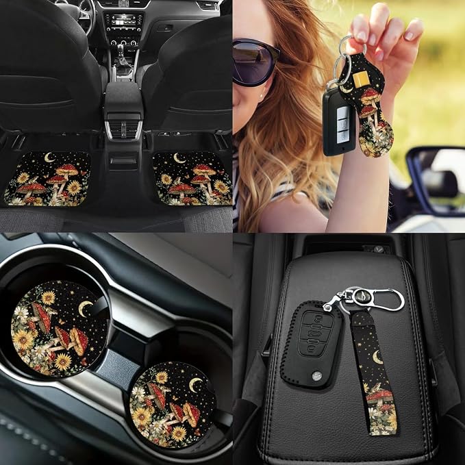 Mushrooms Car Seat Covers Full Set 17 Pack for Women Star Moon Mushrooms Car Accessories Set with Car Mats Full Set Steering Wheel Auto Covers Seat Belt Cover Pad Lip Balm Keychain Holder