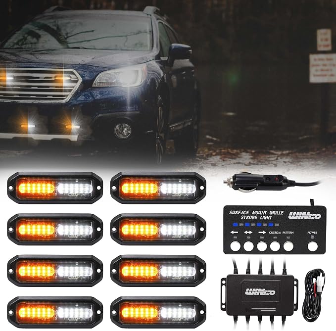 WINECO Amber White led strobe lights for trucks Emergency Strobe Lights Kits for construction Vehicles LED Surface Mount Grill Grille Light Flashing Warning lights With Digital Controller 12 LED