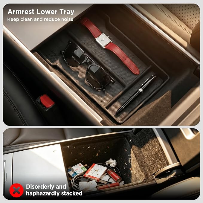 11PCS Center Console Organizer for Tesla New Model 3 Highland Under Center Armrest Storage Armrest Cover Hidden Storage Charger Pad for Tesla Model 3 Accessories 2024-2026 Black