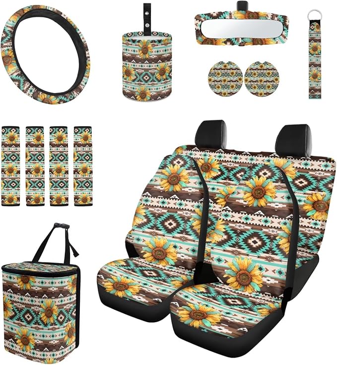 Aztec Sunflower Car Seat Covers Set of 15 with Universal Steering Wheel Cover, Rearview Mirror Cover, Car Trash Can, Seatbelt Pads, Cup Holder Coasters, Keychains