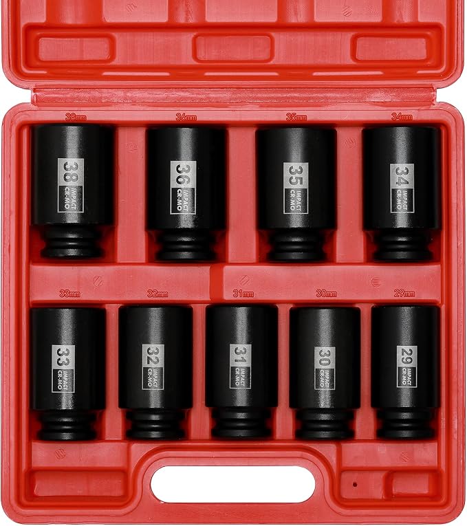 Mayouko 1/2" Drive SAE&Metric Spindle Axle Nut Sockets Set,Deep, 6-Point, CR-MO, 1-3/8" - 1-3/4", 29-38mm