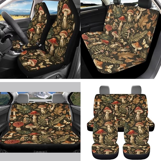 Mushroom Car Seat Covers Full Set for Women Universal Car Accessories - Steering Wheel Cover Seatbelt Covers Car Coasters Trash Bag Rearview Mirror Cover Keychain