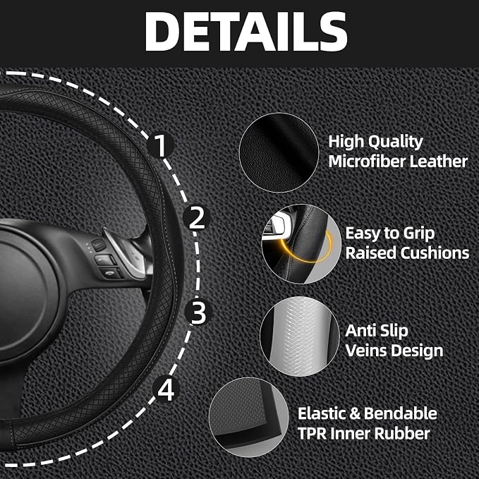 NBTEPEM 10 Pcs Car Floor Mats Full Set Car Accessories, Microfiber Leather Steering Wheel Covers 14.5-15 inch, Center Console Cover, Seat Belt Pads, Cup Coasters, Universal Interior Decor(Black)