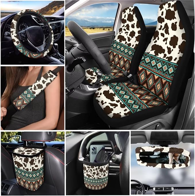 Dreaweet Aztec Brown Cow Print Seat Covers for Cars Full Set - Seat Covers Front and Back with Steering Wheel Cover Seatbelt Pad Coasters Trash Bag Air Vent Storage Bag Rearview Mirror Cover Keychain