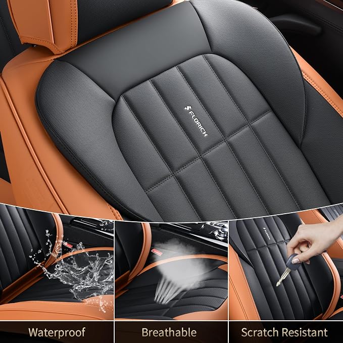 FLORICH Leather Seat Cover, Car Seat Covers Full Set, Waterproof Car Seat Protectors 5 Seats, Front and Rear Seat Covers for Cars, Automotive Seat Protector Fit for Most Cars SUV Trucks - BrownBlack