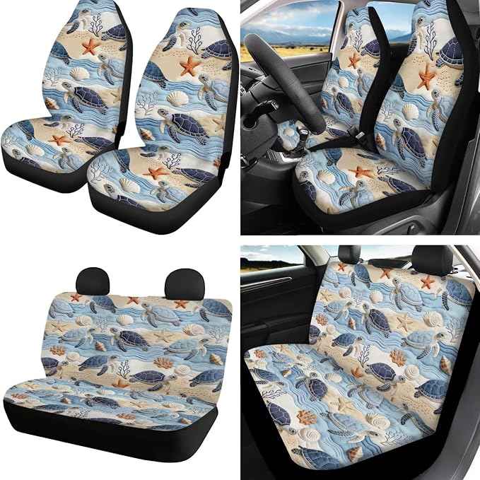 Sea Turtle Print Automotive Seat Covers & Accessories Starfish Shell Print Car Front Rear Seat Covers with Steering Wheel Cover Center Console Pad Seatbelt Pads Headrest Protectors