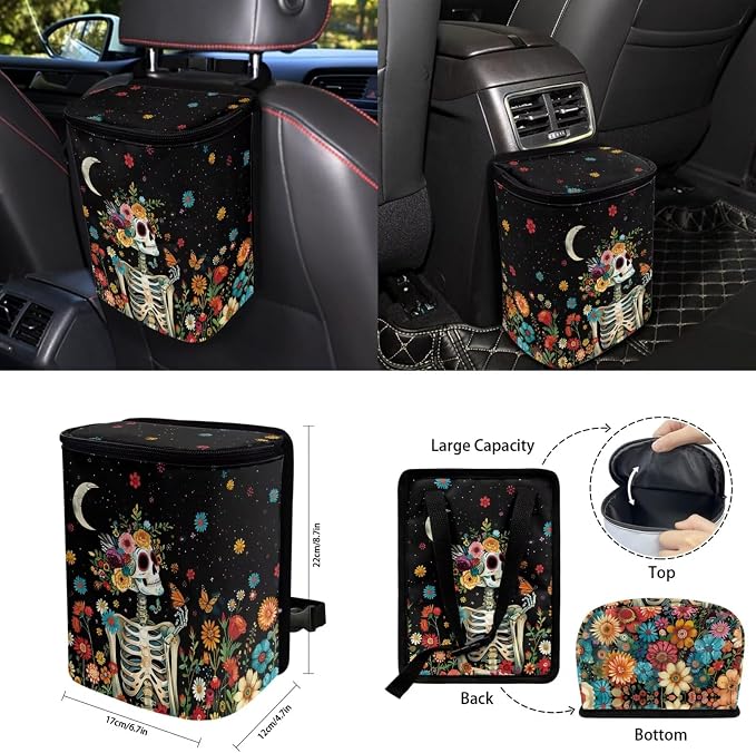 Moon Skeleton 15Pcs Car Seat Cover Full Set Car Steering Wheel Cover Seat Belt Cover Trash Bin Front Rear View Mirror Car Cup Holder Keychain
