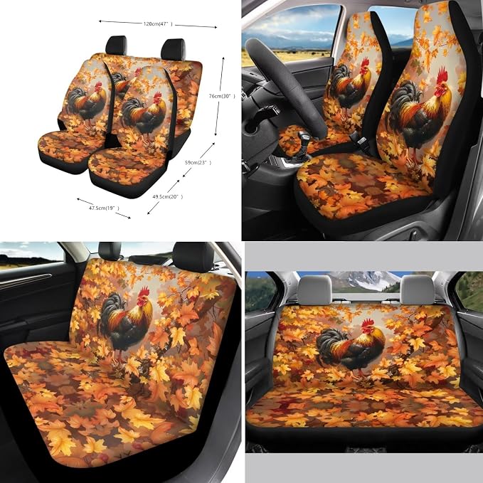 Suobstales Rooster Chicken Maple Leaves Print Car Accessories Car Seat Covers Full Set Interior Cover Thanksgiving Decor Seat Protectors with Steering Wheel Cover, Seat Belt Pads, Coaster, Keychains