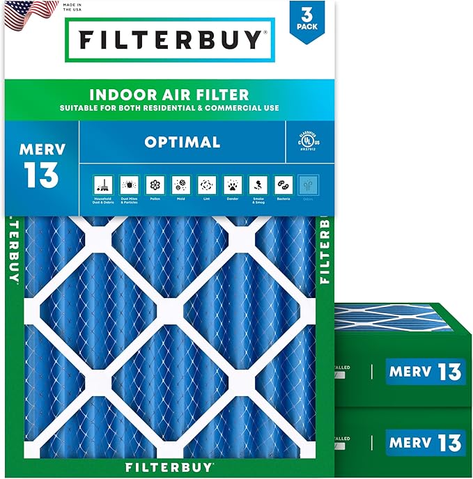 Filterbuy 20x23x4 Air Filter MERV 13 Optimal Smoke & Allergy Defense (3-Pack), Electrostatic Pleated HVAC AC Furnace Filters Replacement (Actual Size: 19.50 x 22.50 x 3.63)