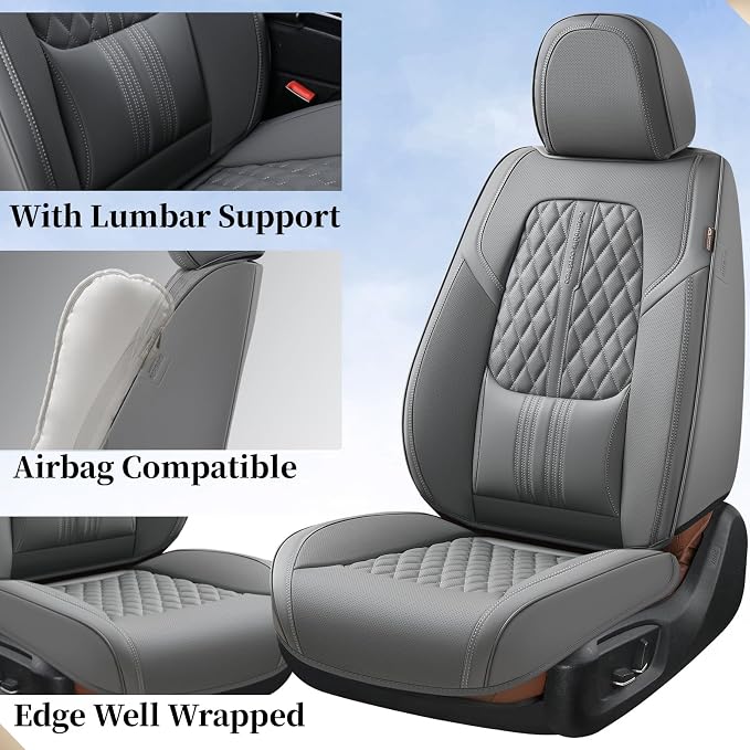 Coverado Car Seat Covers Full Set, Automotive Front and Rear Seat Covers with Backrest, Nappa Leather Car Seat Protectors Waterproof, Universal for Most Vehicles,Gray