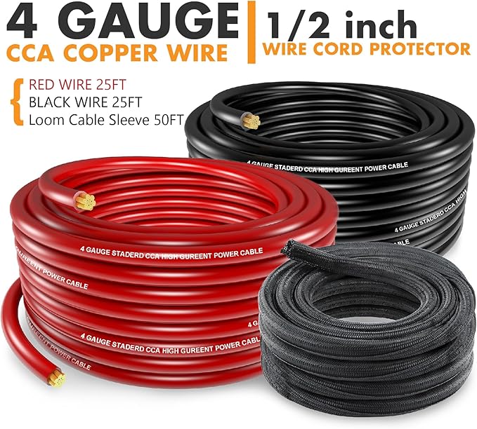 4 Gauge Wire All-in-One Kit | with ANL Fuse, Wire Loom, Lugs, Heat Shrink | Complete Power & Ground Cable for Car Audio, Solar, RV & Marine Applications