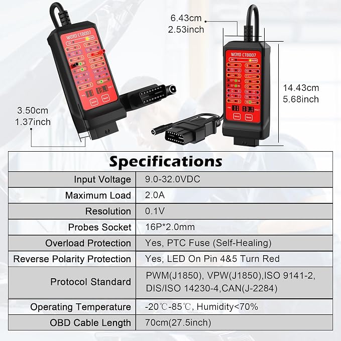 OBD2 Breakout Box, WOYO CTB007 12V/24V CAN Tester Box with 27 inches OBD Extension Cable, Digital VPP Voltage of 16 PINs, Automotive OBD2 Diagnostic Tool OBDII Protocol Communication Detector