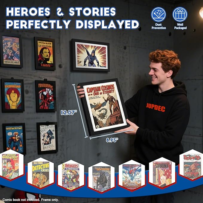 JupDec Comic Book Frame, Premium Wood Display Case for 6 11/16" × 10 3/16" Comic, Wall Mount or Tabletop Stand, Layered Design with Positioning Mat, Perfect for Home Decor, 4 Pack, White