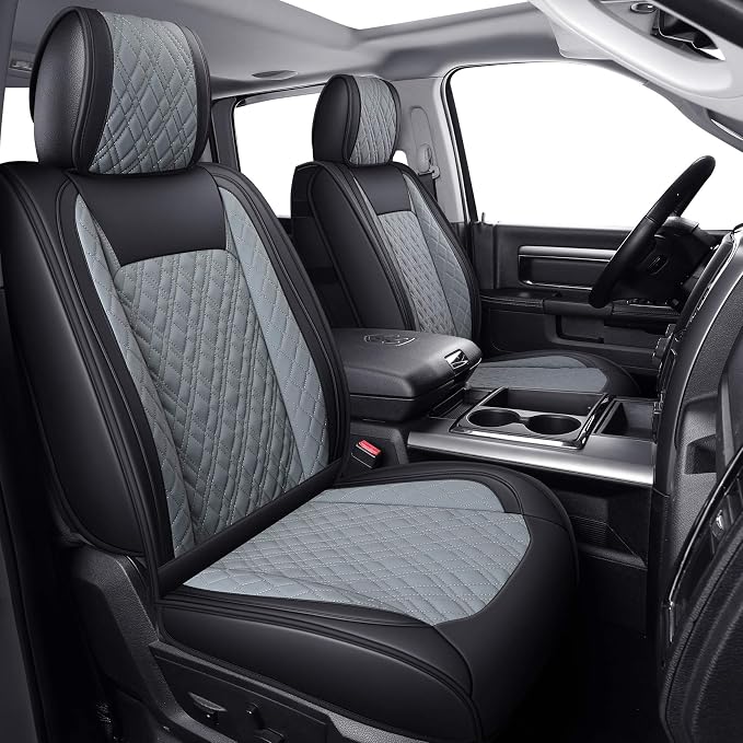 YIERTAI Car Seat Covers for Dodge Ram Fit 2009-2026 1500 2010-2026 2500 3500 Classic Bighorn Longhorn Laramie Tradesman Truck Gray Front