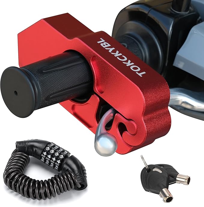 Motorcycle Lock, Heavy Duty Anti Theft Helmet, Brake and Handlebar Lock, Universal for Motorcycles, ATVs, Dirt Bikes, Mopeds, Scooters, Red