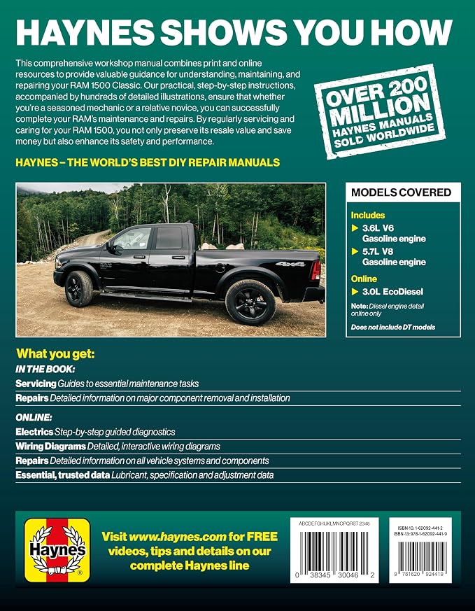 Haynes RAM 1500 Classic (2019–2023) Repair Manual: Covers 3.6L V6, 5.7L V8 Gas & 3.0L EcoDiesel (Online) – Maintenance, Repairs, Troubleshooting & Wiring Diagrams