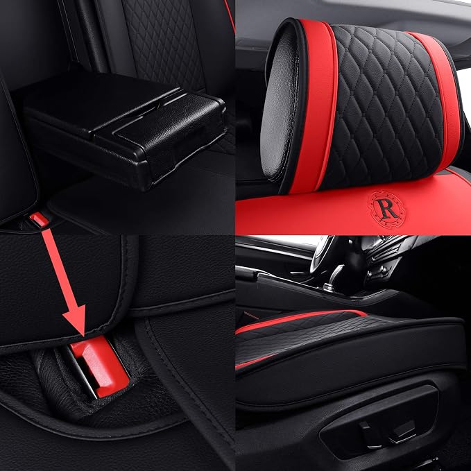Aierxuan Car Seat Covers Full Set with Waterproof Leather, Seat Cushions Split Bench Universal Fit for Kia Soul Hyundai Accent Corolla CRV Vw Ford Ranger Fusion Wrangler (Full Set, Black-Red)