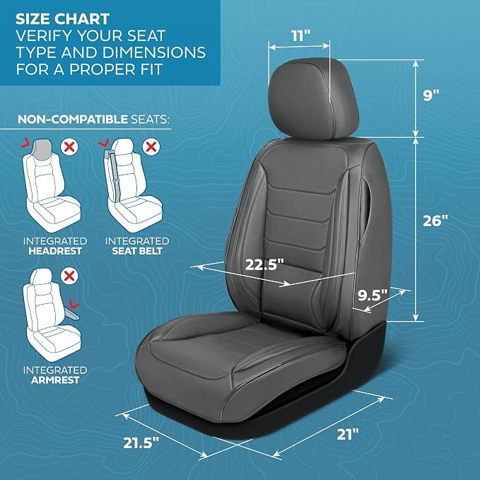 MotorBox Meridian Series Napa Leather Seat Covers for Cars, Classic Cushion Front Seat Covers, Premium PU Leatherette Gray Car Seat Covers with Classic Line Design, Cars Trucks SUVs
