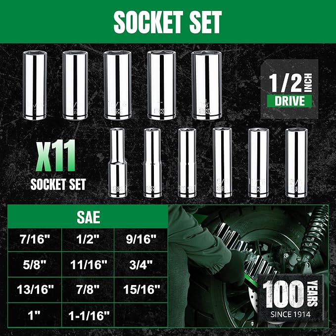 SK 1/2" Drive Socket Set, Deep SAE Sockets, 11-Piece 7/16" to 1-1/16", SuperKrome Finish, Premium CR-V Construction, with Aluminum Socket Organizer