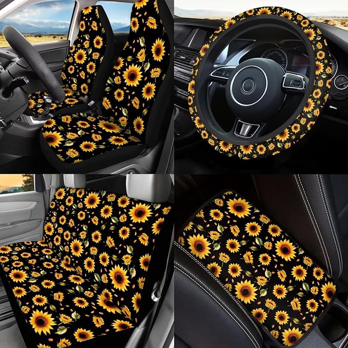 Sunflowers Car Seat Covers Full Set 17 Pack,Sunflower Car Aaccessories for Women Automotive Seat Head Rest Protector for Auto Front Seat Rest Decoration Soft Seat Belt Shoulder Pad
