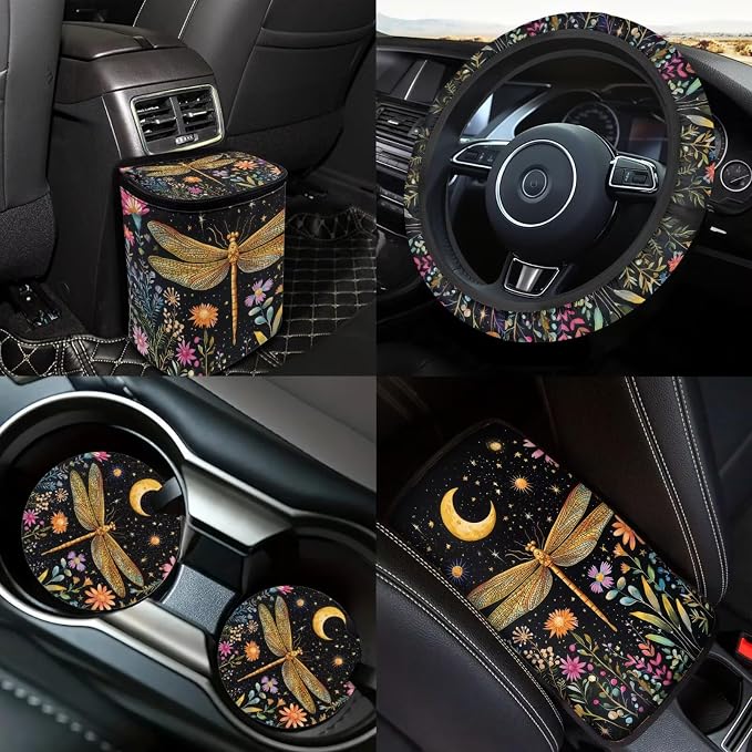 Golden Dragonfly Car Seat Covers Full Sets of 18 Pcs Universal Car Interior Accessories Sets with Dragonfly Car Headrest Covers Car Seat Belt Pads Cover Auto Trash Can Steering Wheel Wrap