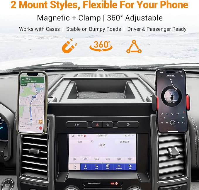 Dashboard Phone Holder Compatible with 2015-2020 Ford F150 with Speaker Center Console Organizer Dashboard Phone Multi-Mount Kit for F150 Accessories(f150 2015-2020 w/sub)