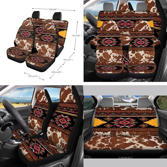 Geometric Brown Print Car Seat Cover Stretch Car Garbage Can Steering Wheel Cover Vehicle Car Trash Can Air Vent Pouch Coaster Lanyard Keychain Automobile Interior Set, Pack of 10