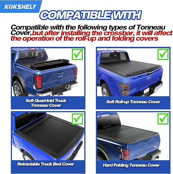 Adjustable 65.4”Truck Bed Rack Cross Bars（2-Pack） for Mid-Size Trucks with Soft Roll-Up, Hard Rolling,Tri-Fold, Retract Hard Tonneau Covers|Aluminum Cross Bars|Compatible with Kayak Racks, Bike Racks