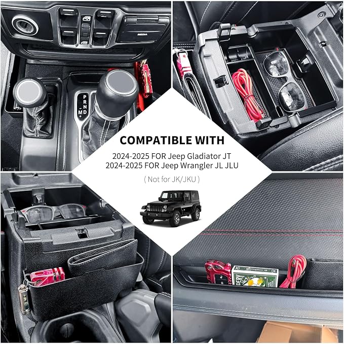 Center Console Organizer Fit for 2024 2025 Jeep Wrangler JL JLU&Gladiator JT Gear Shift Console Side Tray Grab Bar Tray Passenger Hanging Armrest Storage Box for Wrangler/Gladiator (4PCS)