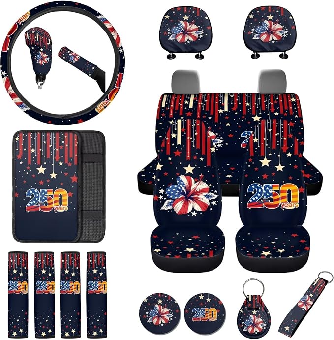 Hibiscus Print Car Seat Cover Full Set 250 Years Theme Bucket Seat Covers for Car Front Back Seats with Headrest Covers Steering Wheel Cover Safety Belt Pads Cup Coasters