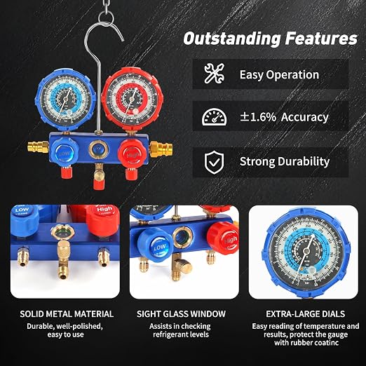 PB Motor Tech 3 Way AC Manifold Gauge Set for R134A, R410A, R22, R404A Refrigerants, with Quick Couplers, 410 Adapter, Puncturing Can Tap, Valve Core Tool. Perfect for Air Conditioning Maintenance